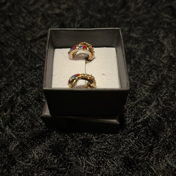 Gold earrings with red, white & blue stones. 1/2 inch circumference. - Picture 3 of 5